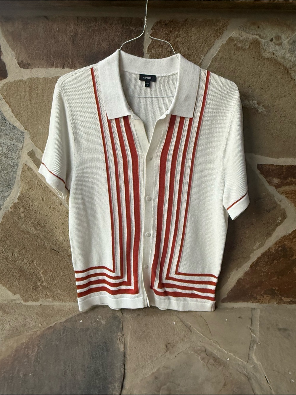 Express Cream Short Sleeve Button-Front Knit with Rust-Orange Stripes